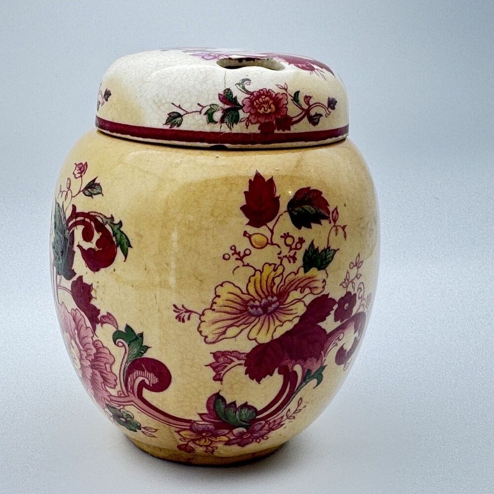 Floral Japan Potpourri Ginger Jar w/ Vented Lid Burgundy Chintz Crazed Glaze
